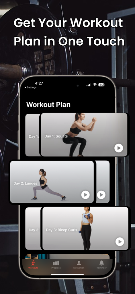 Woman Exercise 30 Days Workout - Pantalla de smartphone mostrando un plan de entrenamiento de 30 días con tutoriales de ejercicios en video para mujeres
