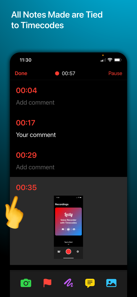 Voice Recorder with Timecodes - Pantalla de smartphone que muestra la interfaz de la aplicación Lecty con notas y fotos vinculadas a los códigos de tiempo de la grabación de audio.