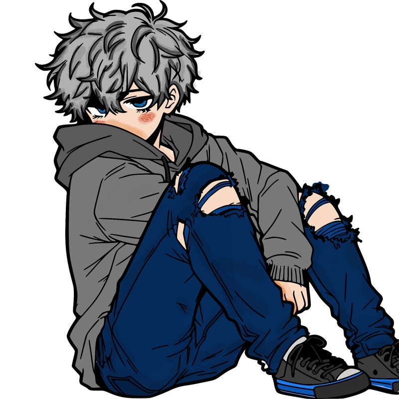 a male hoddie ripped jeans messy hair anime