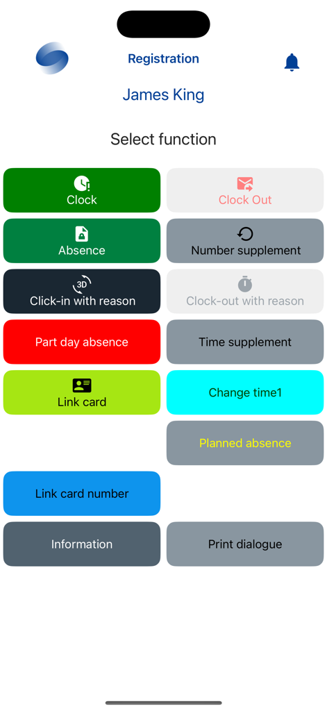 Worklinq app registration dashboard with clock in and absence management buttons