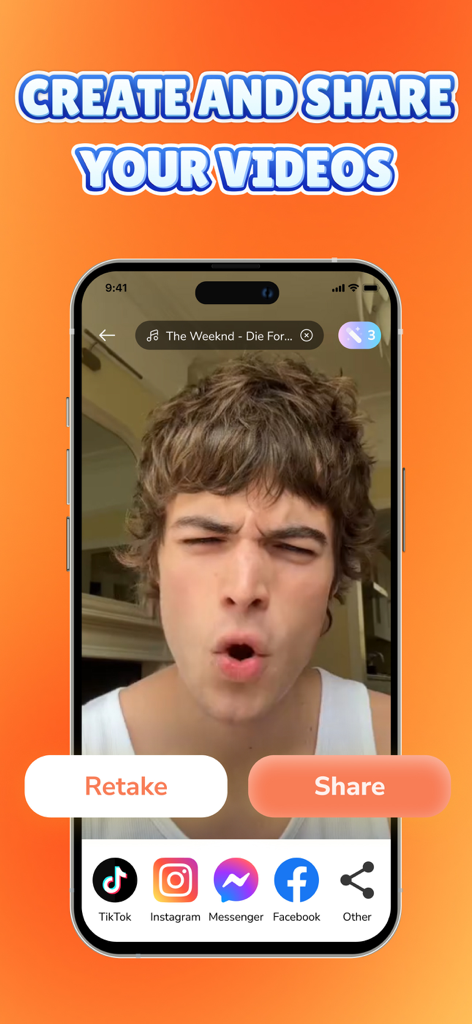 Quiz Reels: Filter Challenge - TikTokやInstagramなどのソーシャルメディアプラットフォーム向けの録画動画と共有オプションを表示するスマートフォン画面