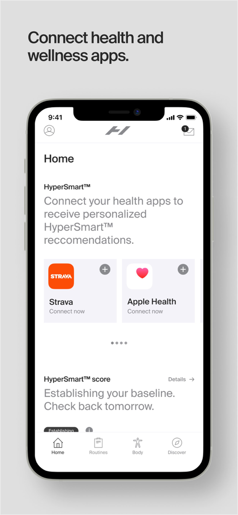 Hyperice - Hyperice app home screen showing options to connect health and wellness apps like Strava and Apple Health for personalized recommendations