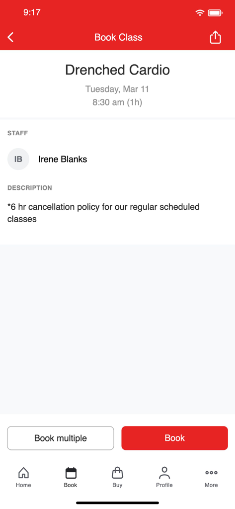 Millennium Dance Complex LA - Class booking screen in the Millennium Dance Complex LA app showing details for a Drenched Cardio class