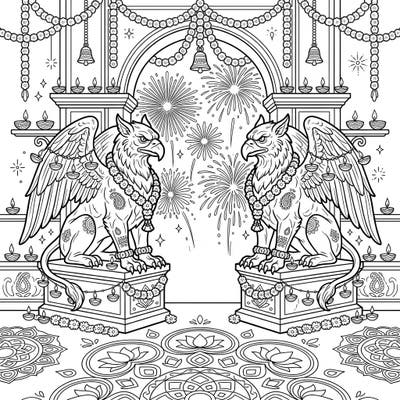 Immerse yourself in the magic of Diwali with this unique coloring page featuring powerful Gargoyle Griffins. These stone guardians are beautifully integrated into a festive scene, adorned with garlands and surrounded by traditional Diwali elements like diyas and fireworks.