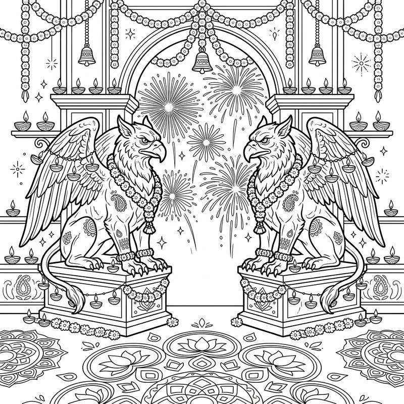 Immerse yourself in the magic of Diwali with this unique coloring page featuring powerful Gargoyle Griffins. These stone guardians are beautifully integrated into a festive scene, adorned with garlands and surrounded by traditional Diwali elements like diyas and fireworks.