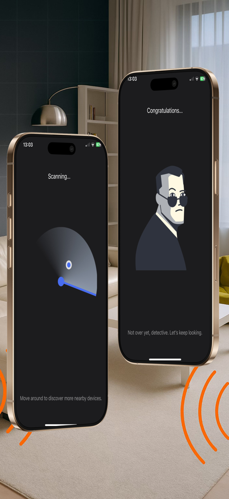 Device Detector - Spy Finder - Interfaz de la aplicación Device Detector que muestra una pantalla de radar de escaneo y una ilustración de un personaje detective.