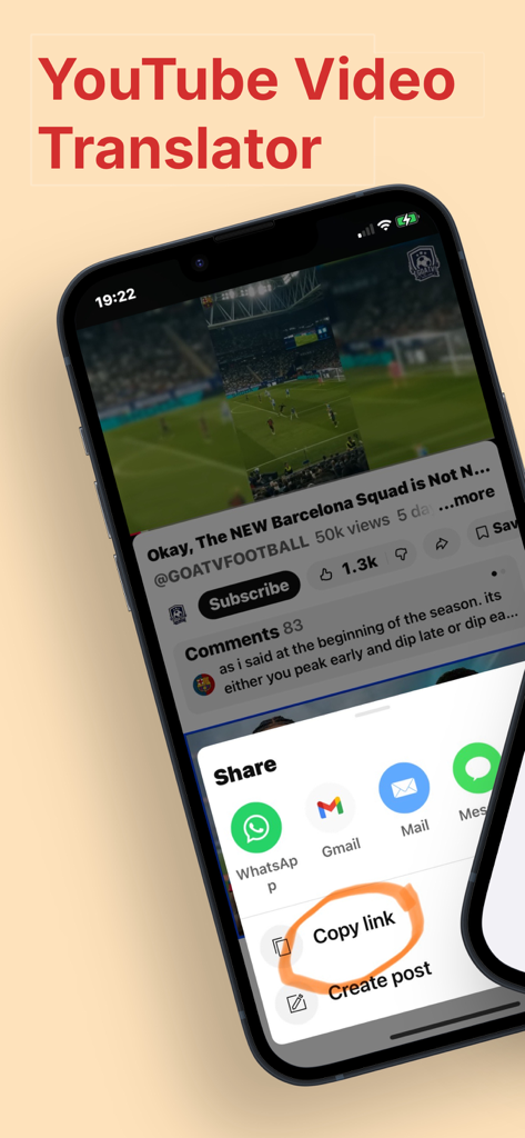 YT Translate for Youtube - Interface do aplicativo móvel mostrando como copiar um link de vídeo do YouTube para tradução com YT Translate.