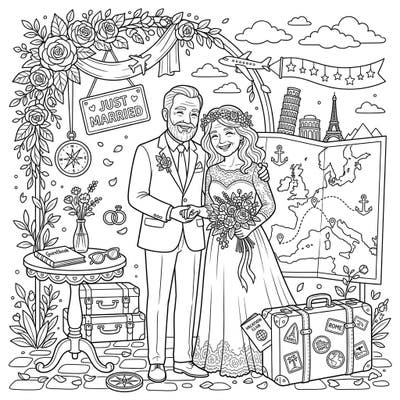 Celebrate love and adventure with this heartwarming coloring page featuring a senior couple tying the knot amidst world travels. Discover iconic landmarks and charming details as you bring their beautiful journey to life with color.