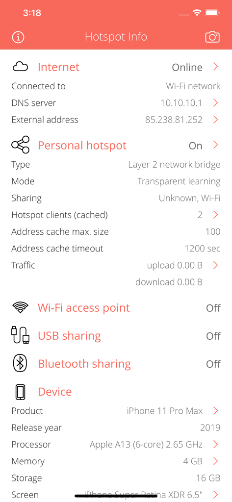 Hotspot Info - Technical dashboard of Hotspot Info app showing internet connection and personal hotspot status.