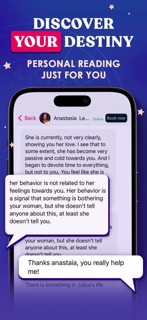 Love Wise mobile app interface showing a private psychic chat for personalized relationship advice.