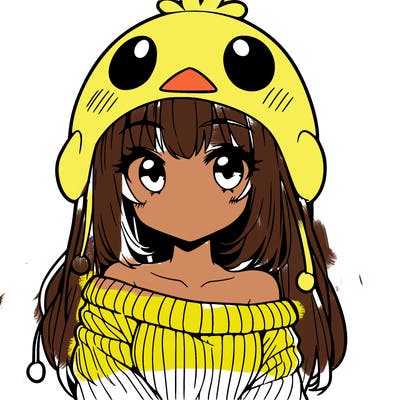anime girl with chick shaped hat with sweater with bare shoulders with bangs covering them one eye with low tail