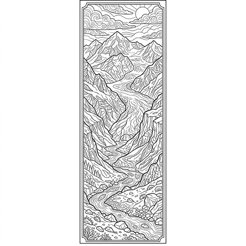 Immerse yourself in the grandeur of nature with this exquisite glacial valley coloring bookmark. Perfect for nature lovers, this detailed design offers a serene escape, ready to bring your books to life with color.