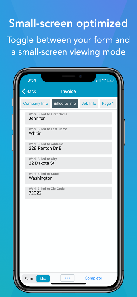 GoFormz Mobile Forms & Reports - GoFormz mobile app displaying an invoice form optimized for small screens with customer billing information