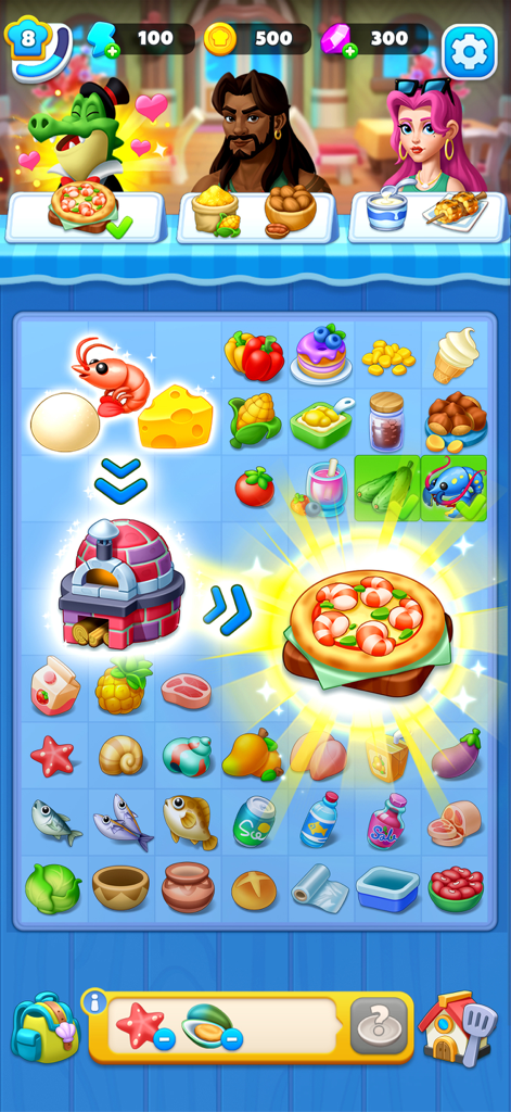 Merge Ocean - Cooking & Decor - Gameplay screenshot of Merge Ocean showing ingredients being merged to cook a shrimp pizza for waiting customers.