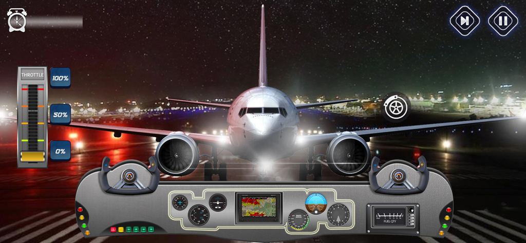 City Airplane Pilot Flight Sim - Vista de la cabina de un avión de pasajeros en una pista de ciudad por la noche en un simulador de vuelo