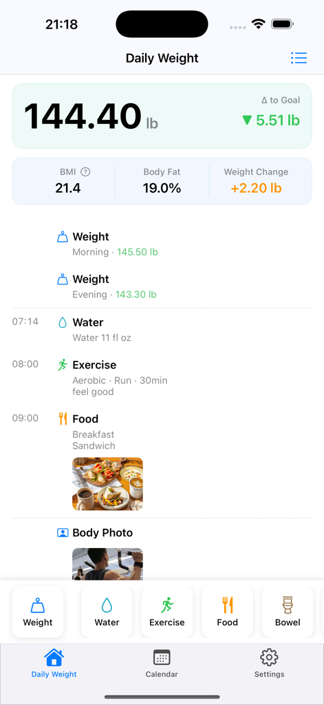 16:8 Fasting & Weight Tracker - The daily weight dashboard of the xWeight app displaying weight metrics, BMI, body fat percentage, and a timeline of water, exercise, and food logs.