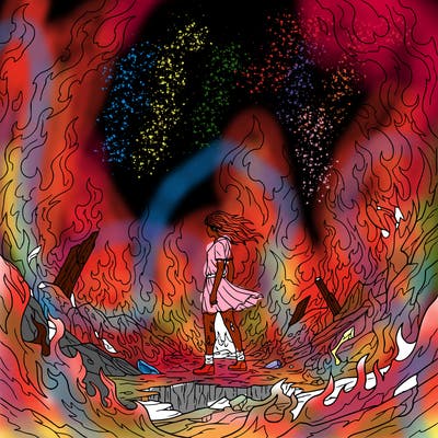 there is fire evey where and a girl standing