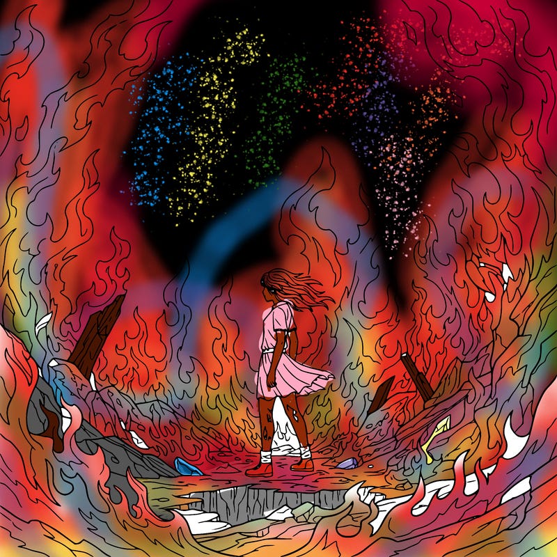 there is fire evey where and a girl standing