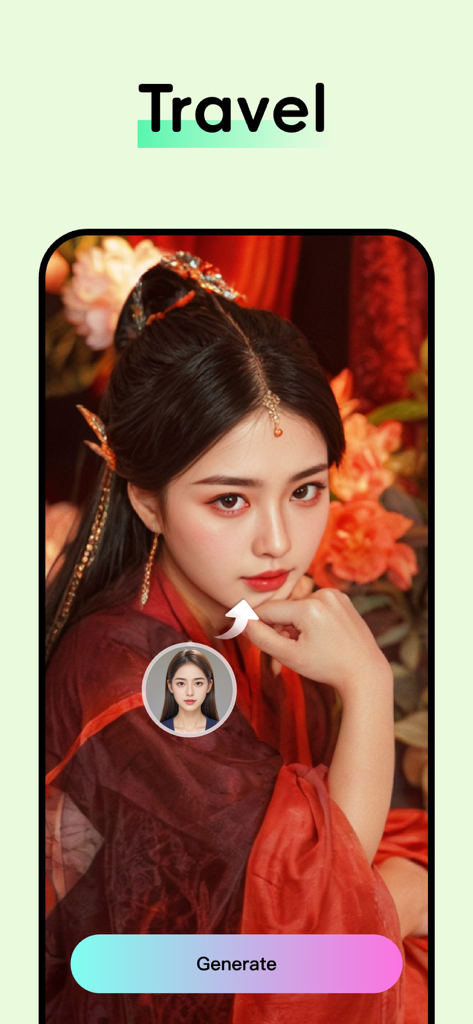 闪秀 - 高颜值写真照片、 一键换装秒出大片 - ShanXiu app generating a traditional ethnic style portrait from a user photo