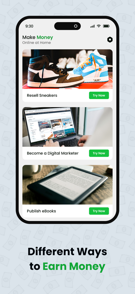 Mobile App-Oberfläche mit verschiedenen Nebenjob-Optionen wie Sneaker-Reselling und digitalem Marketing