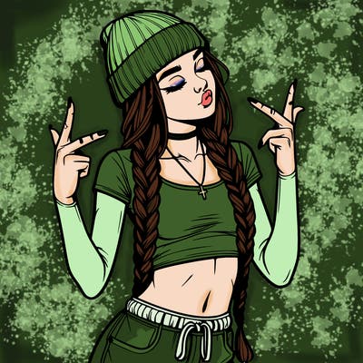 realistic teenage girl with braids and a beanie and crop top doing 🫶🏼