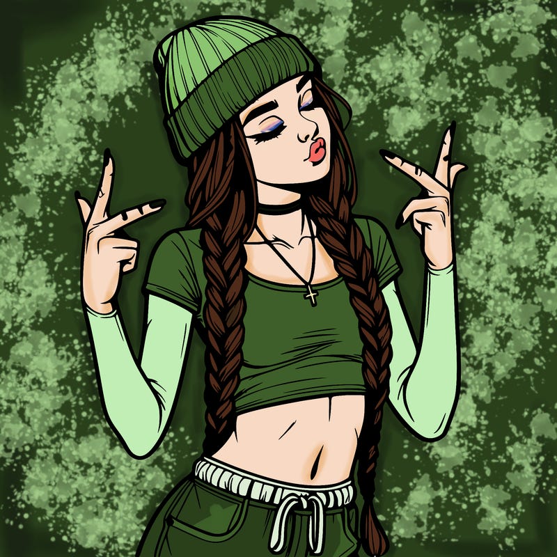 realistic teenage girl with braids and a beanie and crop top doing 🫶🏼