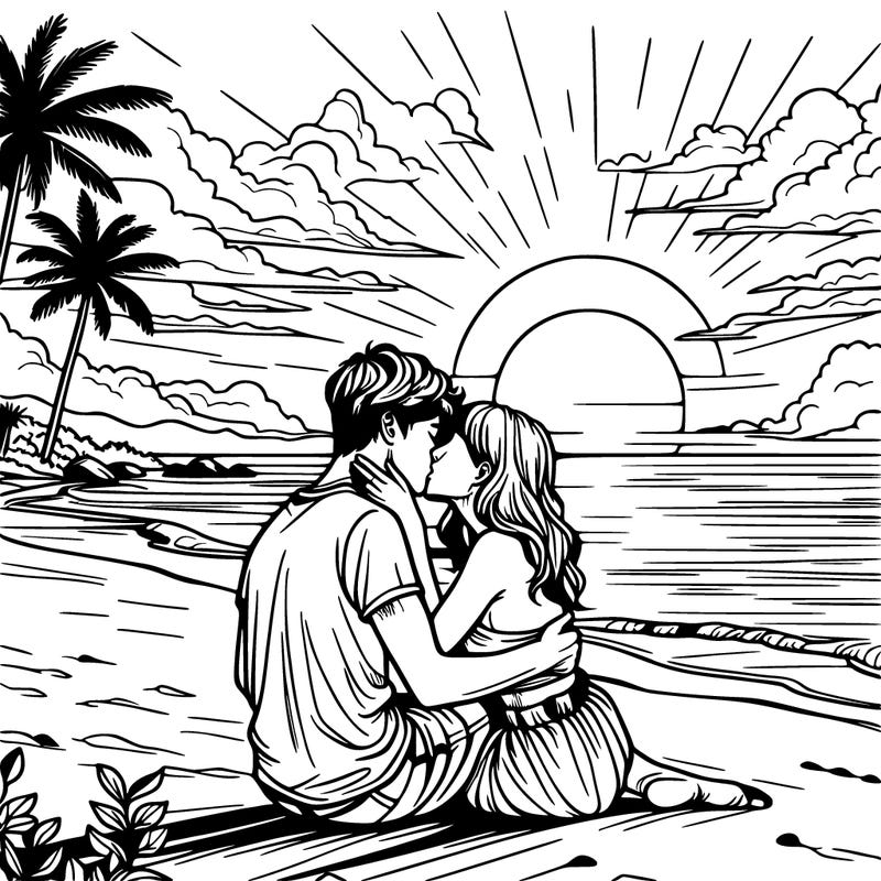 people kissing in the sunset on the beach realistic