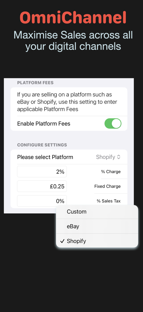 A screenshot of the Gross Margin Calc app showing the omnichannel platform fees configuration screen with options for Shopify and eBay