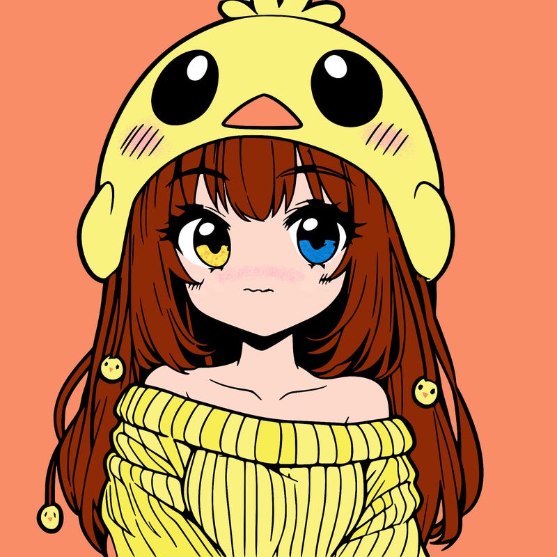 anime girl with chick shaped hat with sweater with bare shoulders with bangs covering them one eye with low tail