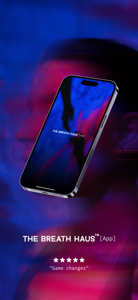 Smartphone displaying The Breath Haus app splash screen with a five star rating and user testimonial