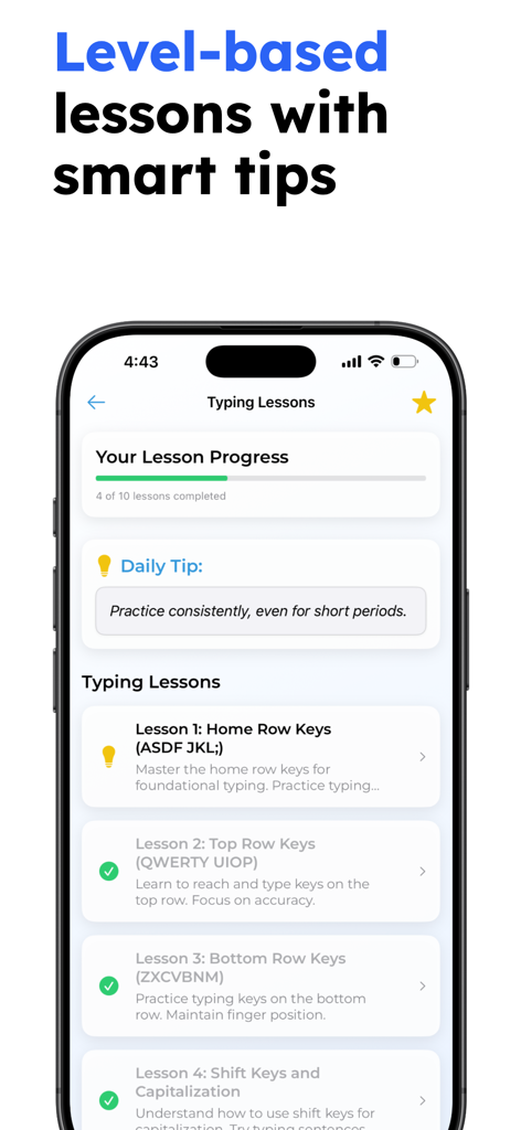 Speed Typing Test – WPM Check - Interface of typing lessons screen showing level-based progress and daily tips