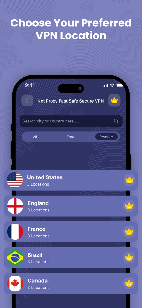 Astro VPN - Fast Net Proxy - Astro VPN app screen showing a list of global server locations including the United States and England