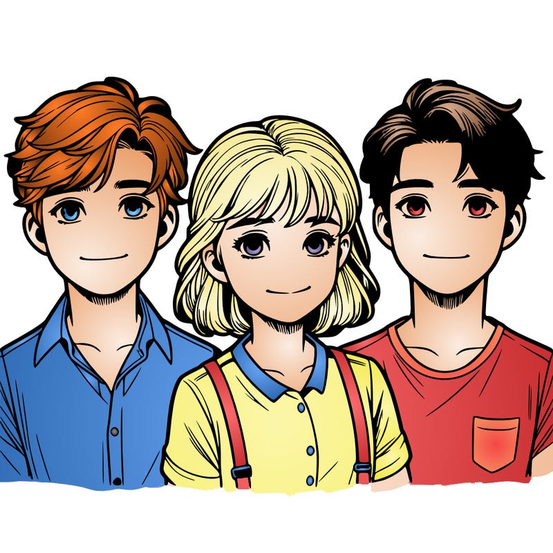 three realistic boys and one realistic girl