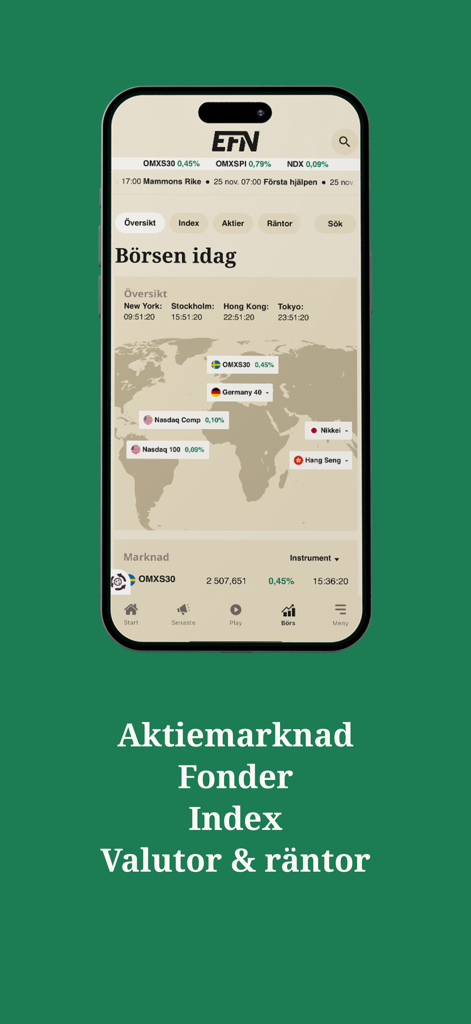 EFN - EFN mobile app displaying a global stock market overview map and financial analysis categories