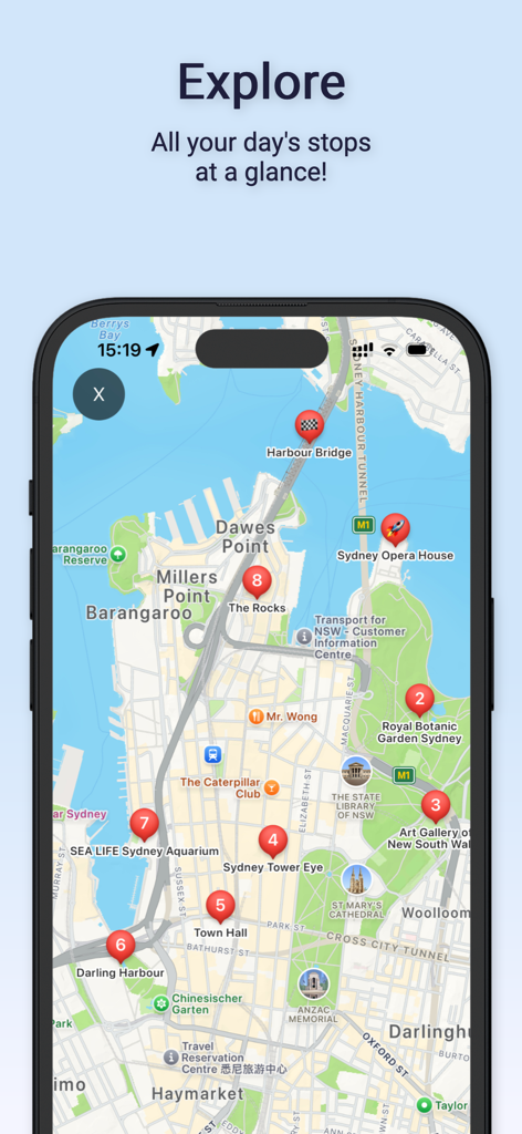 Make My Day: AI Trip Planner - A mobile app map showing numbered stops for an optimized travel itinerary.