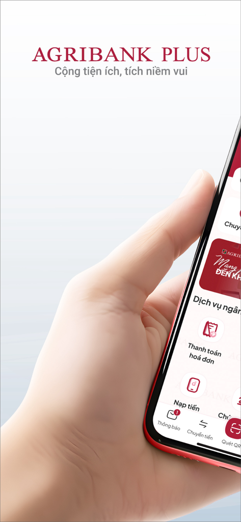 Hand holding a smartphone displaying the Agribank Plus mobile banking app interface