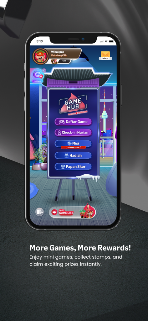 MyTelkomsel app Game Hub interface featuring mini games and reward missions