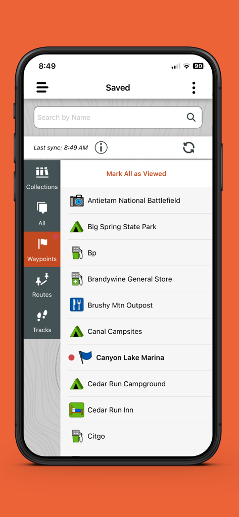 Interface of the Garmin Tread app showing a list of saved waypoints including state parks and campgrounds