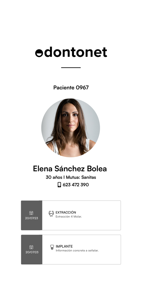 Odontonet Agendas - Vista del perfil del paciente en la aplicación Odontonet Agendas mostrando información del paciente e historial de tratamientos clínicos.