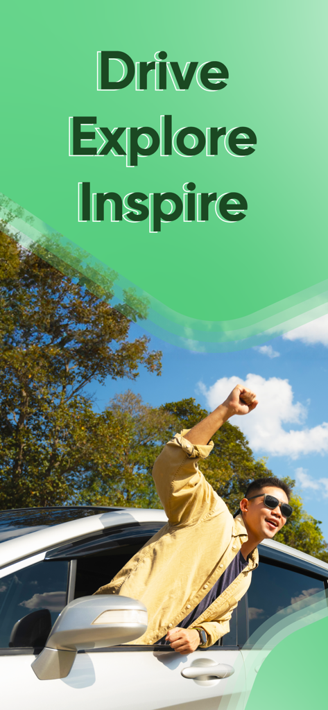 Eine glückliche Reisende lehnt sich aus einem Autofenster mit dem Text Drive Explore Inspire