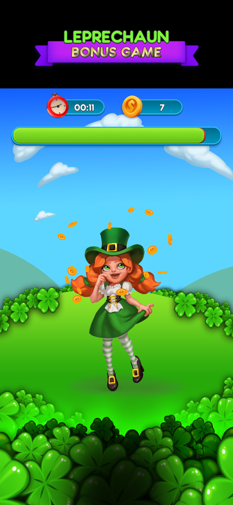 Planet Bingo Quickplay - Leprechaun bonus game screen with a character and falling gold coins