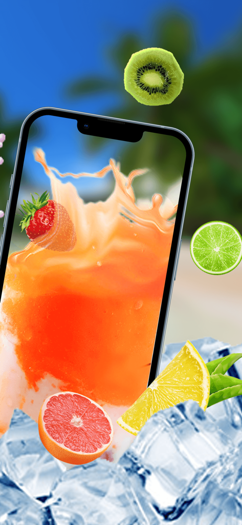 A smartphone screen showing a realistic orange liquid splash with a strawberry and floating fruit slices.