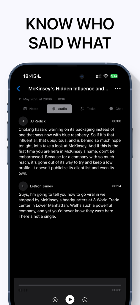 AI Notebook & Summary - Voice - Interfaz de la aplicación Cuaderno de IA que muestra una transcripción de reunión con etiquetas de identificación de hablantes