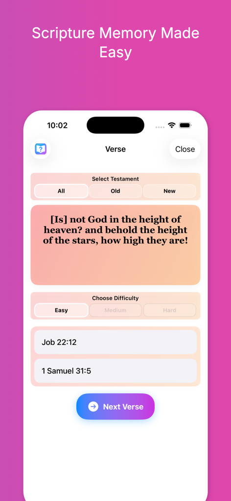 Holy Quiz & Study: iBibleVerse - Bildschirm für Schriftvers-Quiz in der iBibleVerse-App, der einen biblischen Vers und Multiple-Choice-Optionen anzeigt.