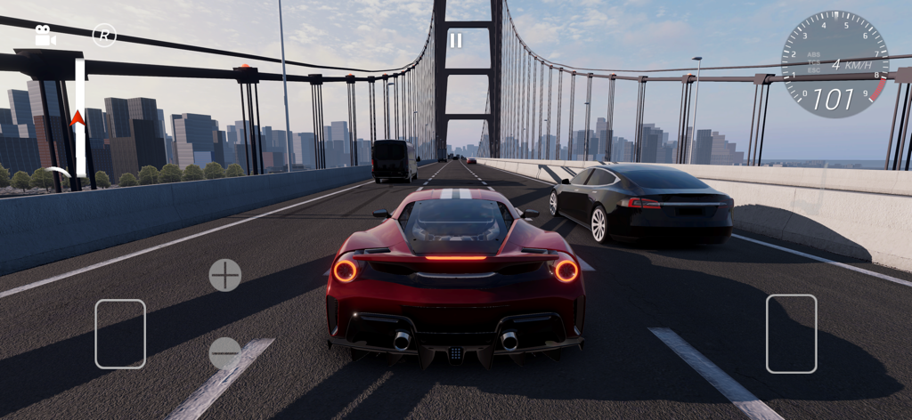 Apex Racing - Gameplay screenshot of Apex Racing showing a red sports car driving on a suspension bridge with a city skyline in the background
