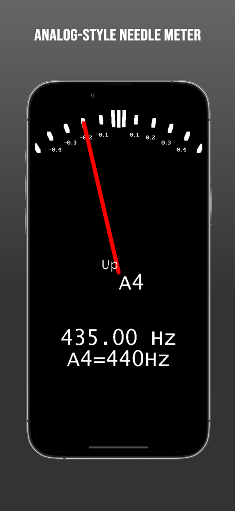 Smartphone screen showing the analog needle meter of the Guitar Tuner Light app for precision tuning