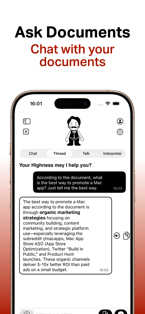 Écran de l'application mobile James IA montrant le chat avec des documents avec un avatar de personnage et des conseils marketing.