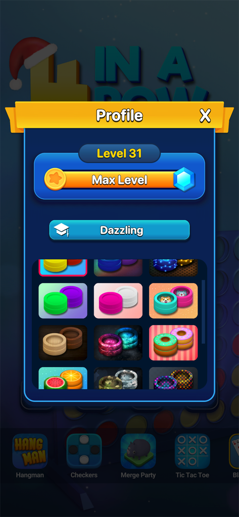 Four In A Row Connect - Ventana de perfil en la aplicación Conecta Cuatro que muestra el progreso del nivel 31 y una cuadrícula de fichas de juego decorativas desbloqueables como donas y frutas