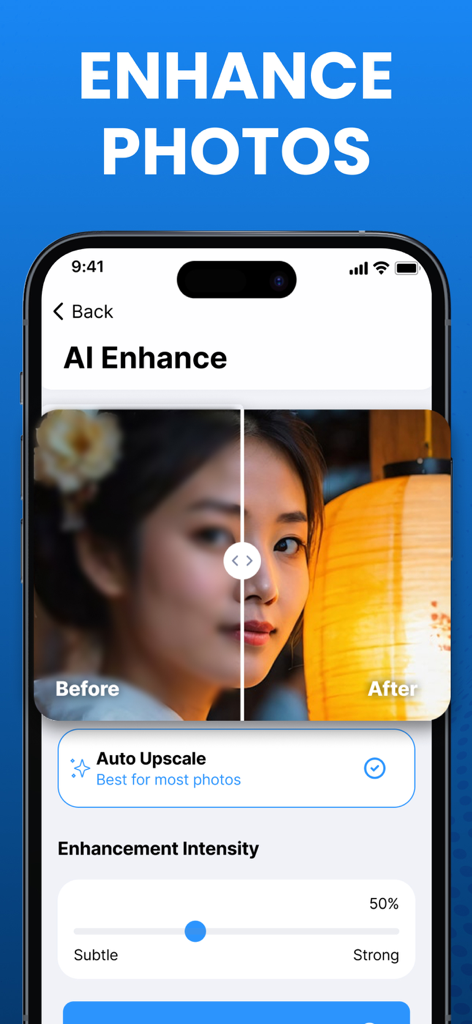 Cleanup Master Storage Cleaner - Herramienta de mejora de fotos con IA que muestra la comparación antes y después de un retrato