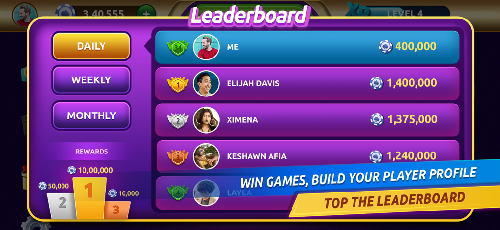 Poker Master Texas Holdem - Leaderboard interface of Poker Master Texas Holdem showing daily player rankings and chip rewards.